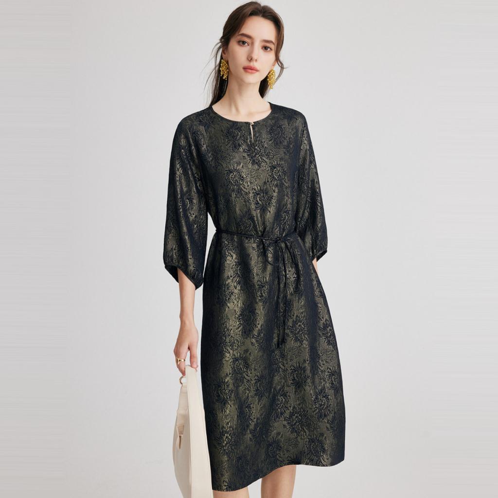 19mm Golden Silk Crown Le Crepe 26 Summer New Round Neck Chinese Style Retro Elegant Temperament Mulberry Silk Dress