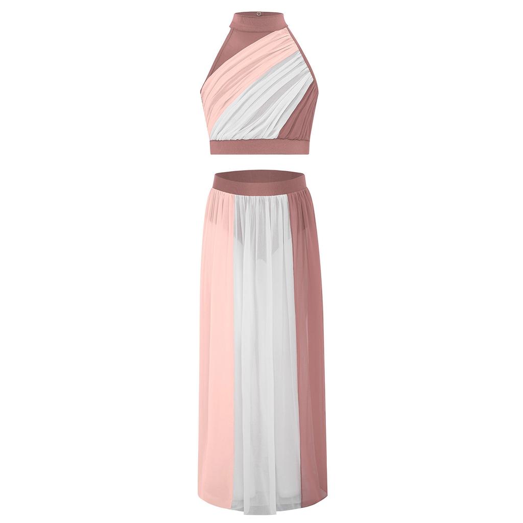 Костюм для лирического танца для девочек, кроп-топ без рукавов с цветными блоками, сборкой спереди и вырезом-капелькой сзади, летящая шифоновая юбка