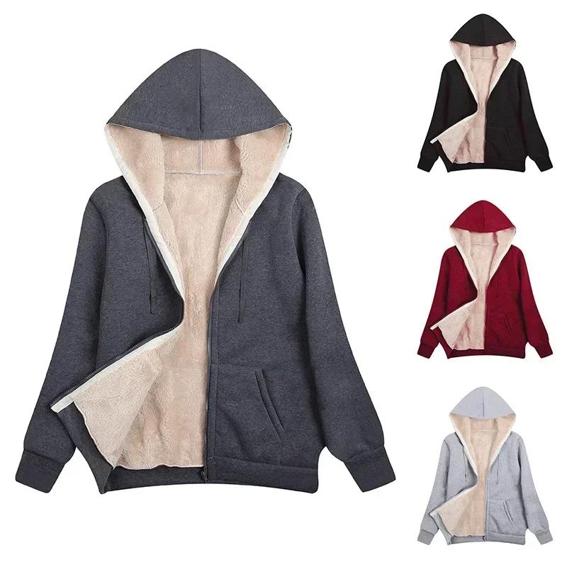 Women's Casual Zip Up Hoodie Sweatshirt Winter Warm Jacket Fleece Coat Drawstring Long Sleeve Solid Color Outerwear