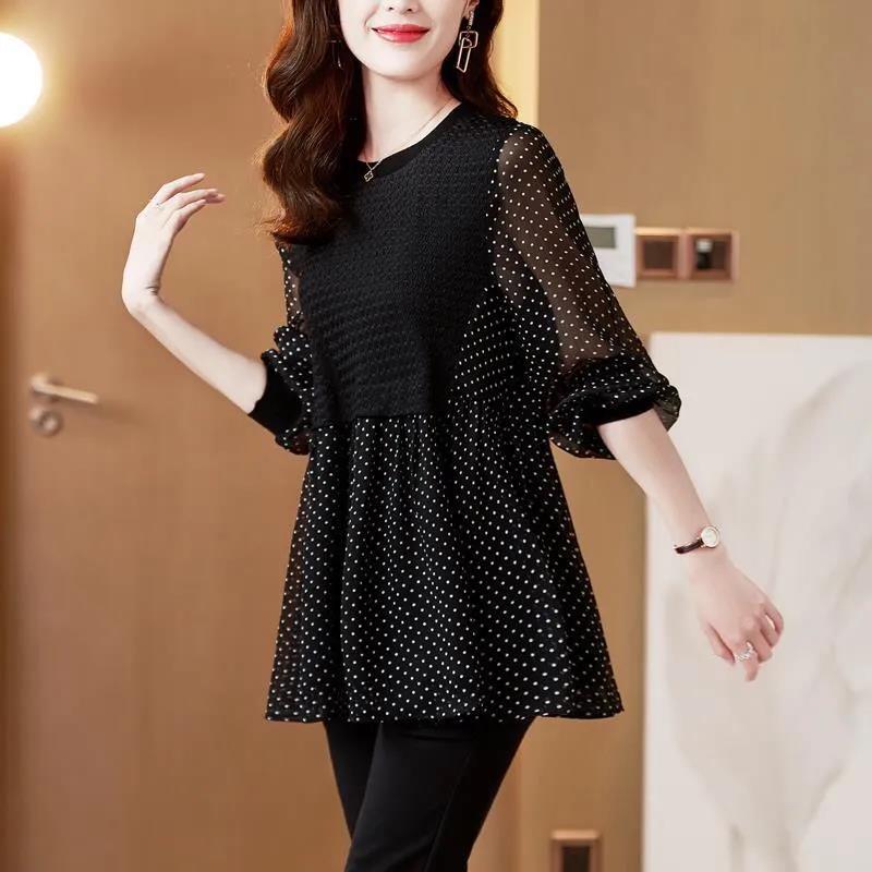 Black Polka Dot Chiffon Top Women's Long-sleeved Spring Slim T-shirt Bottoming Shirt
