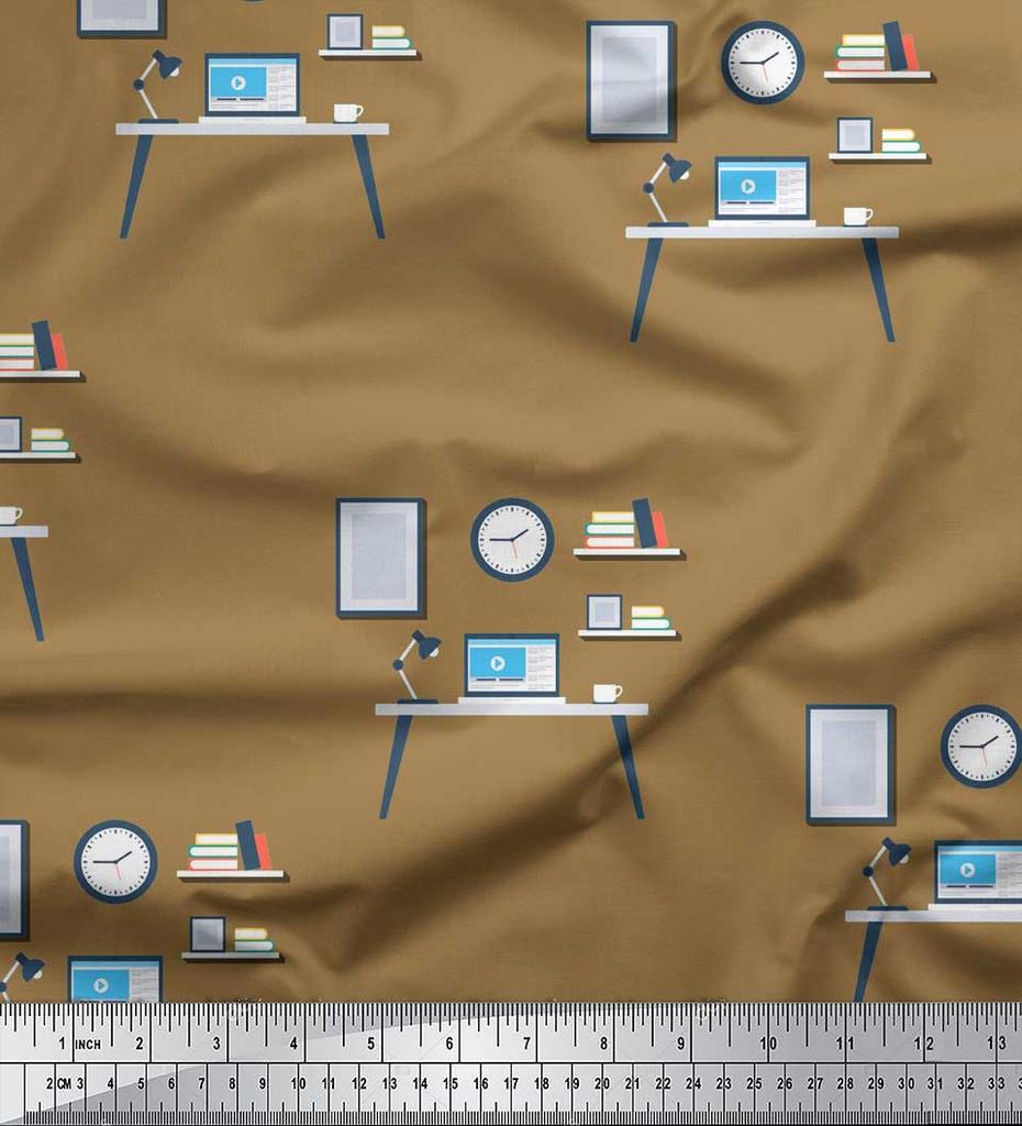 Soimoi Синий японский креп-сатиновый монитор, книги и учебный стол, образовательная тема, метр швейной ткани с принтом, 42 дюйма