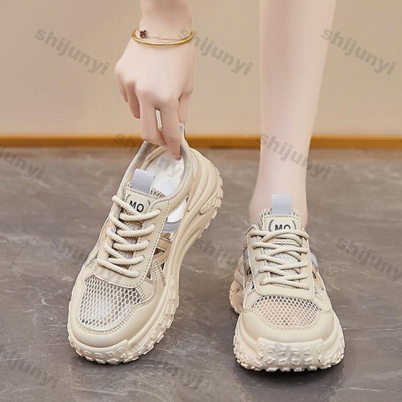 Women Platform Sneakers 2025 Summer New Hollow Breathable Height Increase Casual Shoes Comfortable Fashion Cross Tied Mesh Shoes