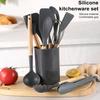 Силиконовый набор кухонных принадлежностей с деревянной ручкой, термостойкие кухонные принадлежности с антипригарным покрытием, безопасный набор кухонных принадлежностей для домашнего ресторана