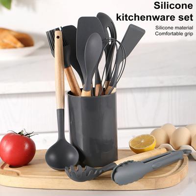 Силиконовый набор кухонных принадлежностей с деревянной ручкой, термостойкие кухонные принадлежности с антипригарным покрытием, безопасный набор кухонных принадлежностей для домашнего ресторана