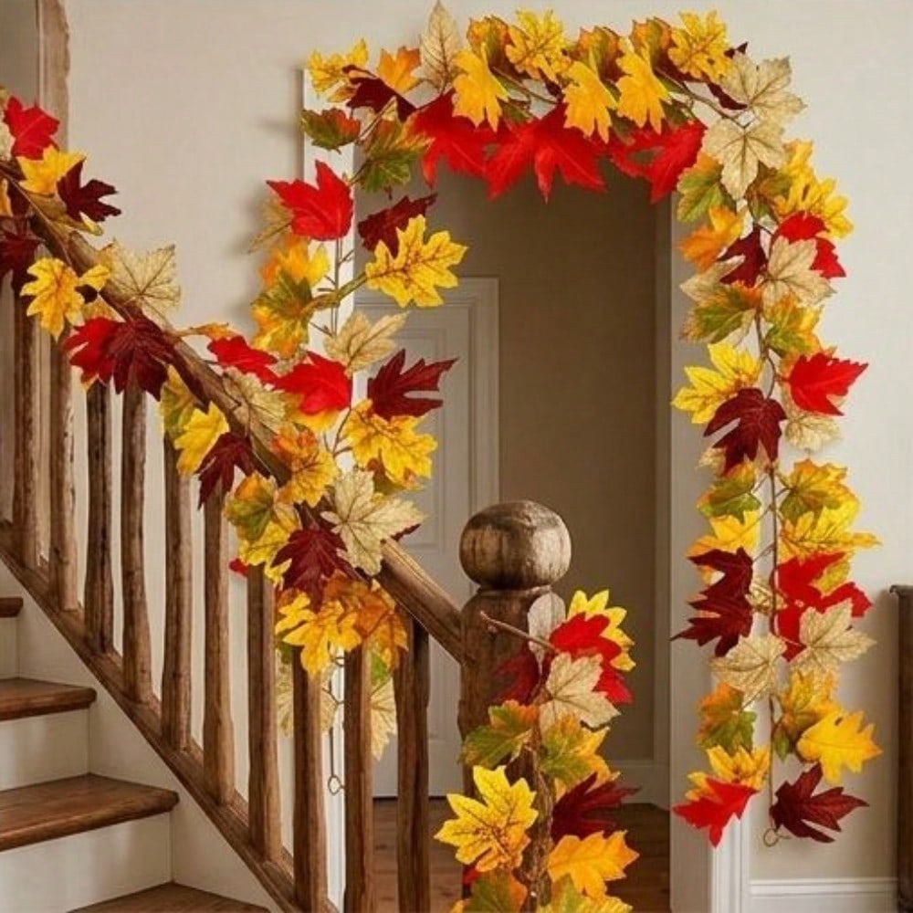 2Pcs Fall Artificial Maple Leaf Wreath—Harvest Festival, Thanksgiving, and Halloween Decorations; Artificial Maple Leaves and Vine; Outdoor Garden
