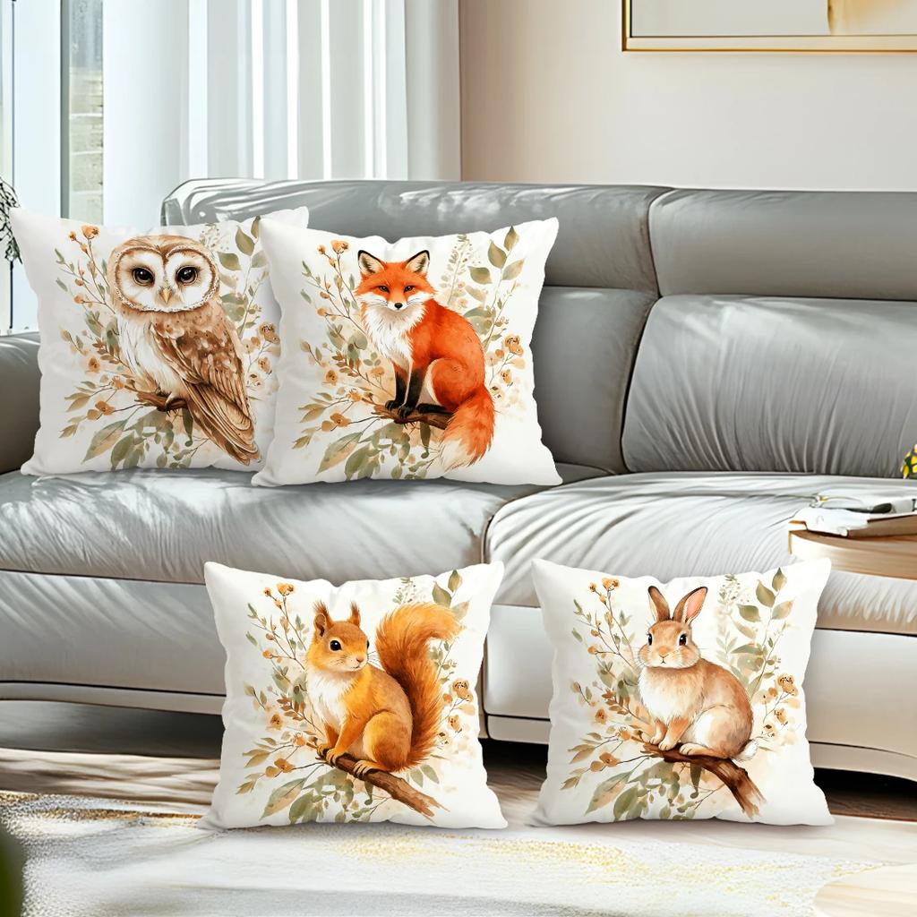4 Pcs Watercolor Animals Single-Sided Printed Pillowcase Cushion Cover,Suitable For Living Room,Bedroom,Car Decoration