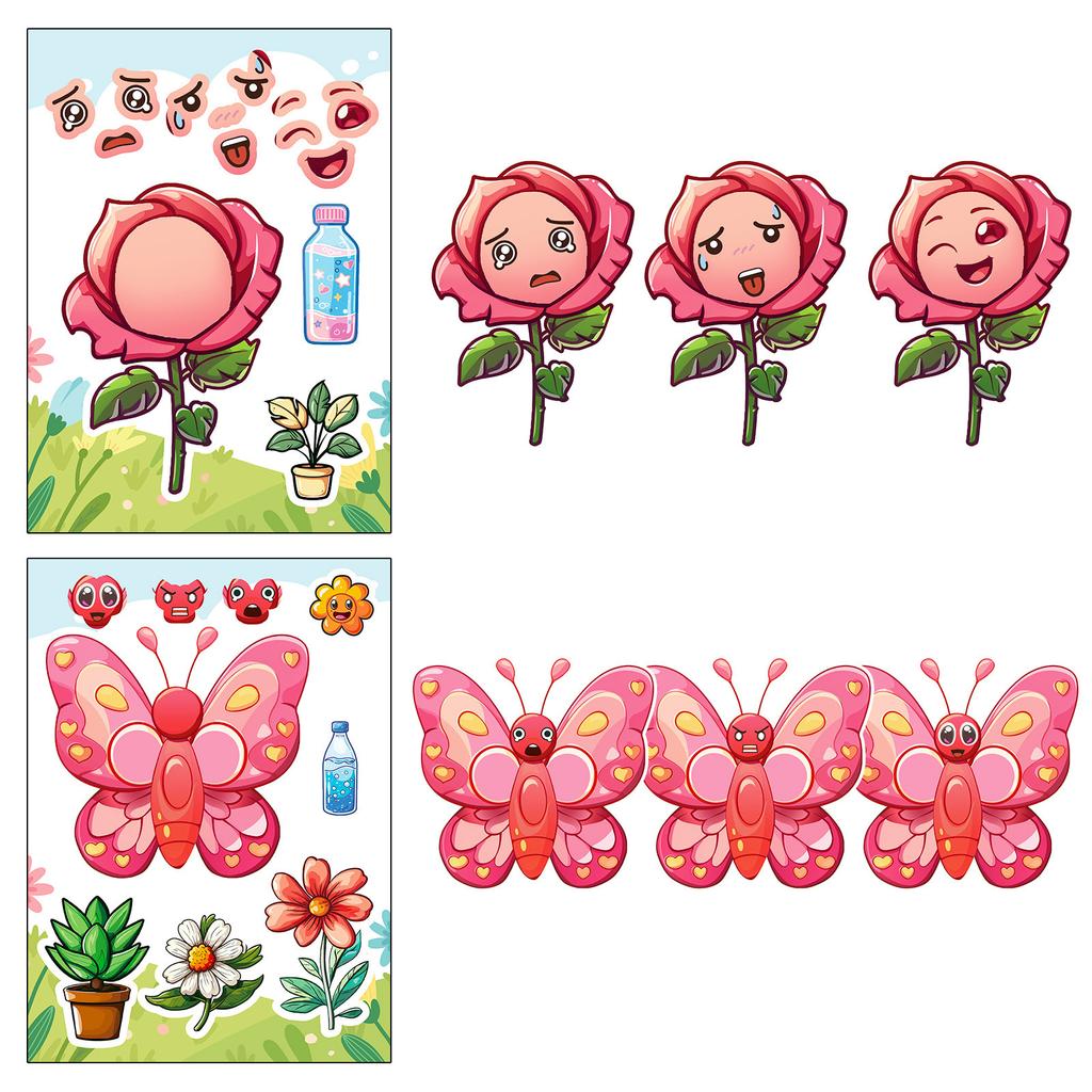 6 упаковок насекомых, животных, мультфильмов, наклеек, меняющих выражение лица, детское самодельное просвещение, обучение родителей и детей в классе, наклейки-головоломки