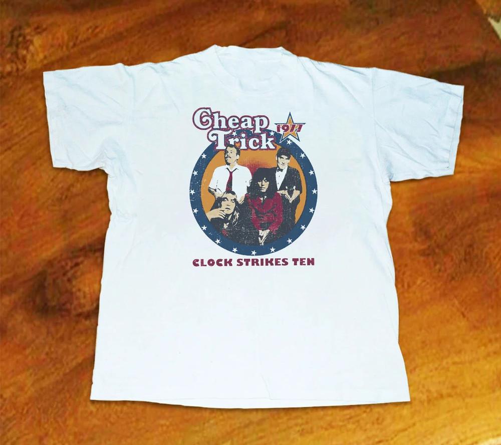 SALE Vtg Cheap Trick Tour 1977 Clock Strikes Ten Cotton White Full Size Shirt Unisex T-Shirt