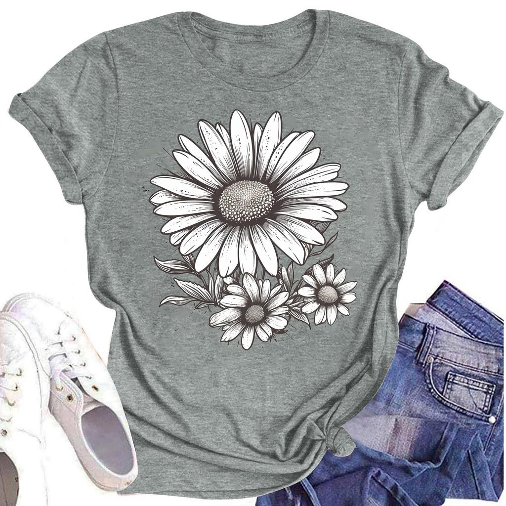 Женская повседневная футболка с круглым вырезом и цветочным принтом, короткий рукав
