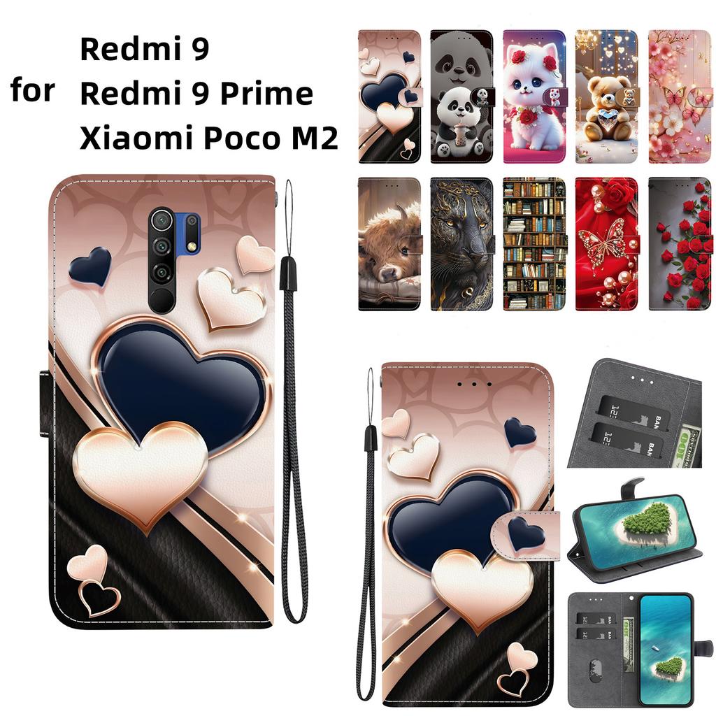 Чехол-книжка из искусственной кожи ручной работы для Redmi 9 / Redmi 9 Prime / Xiaomi Poco M2, противоскользящий противоударный чехол с ремешком на запястье и дизайном в виде сердца/розы и кошки