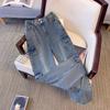 Plus Size Women's Fall Casual Denim Pants Blue Washed Denim Fabric Multi-pocket Cargo Pants Loose and Comfortable Commute
