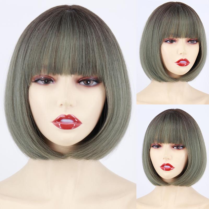 LISI HAIR Women Light Gray Hair with Bangs Synthetic Fiber Wig Cosplay Straight Bob Wig Shoulder Length Straight Bob Halloween Wig