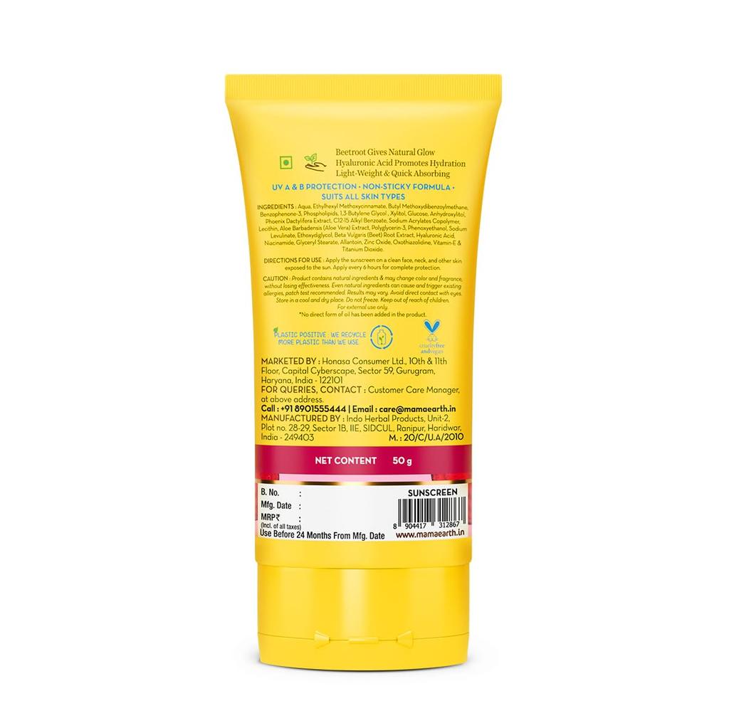 Mamaearth Beetroot Hydraful Sunscreen SPF 50 PA++++ For Tan Protection Hydrating Glow No White Cast 50g For All Skin Types