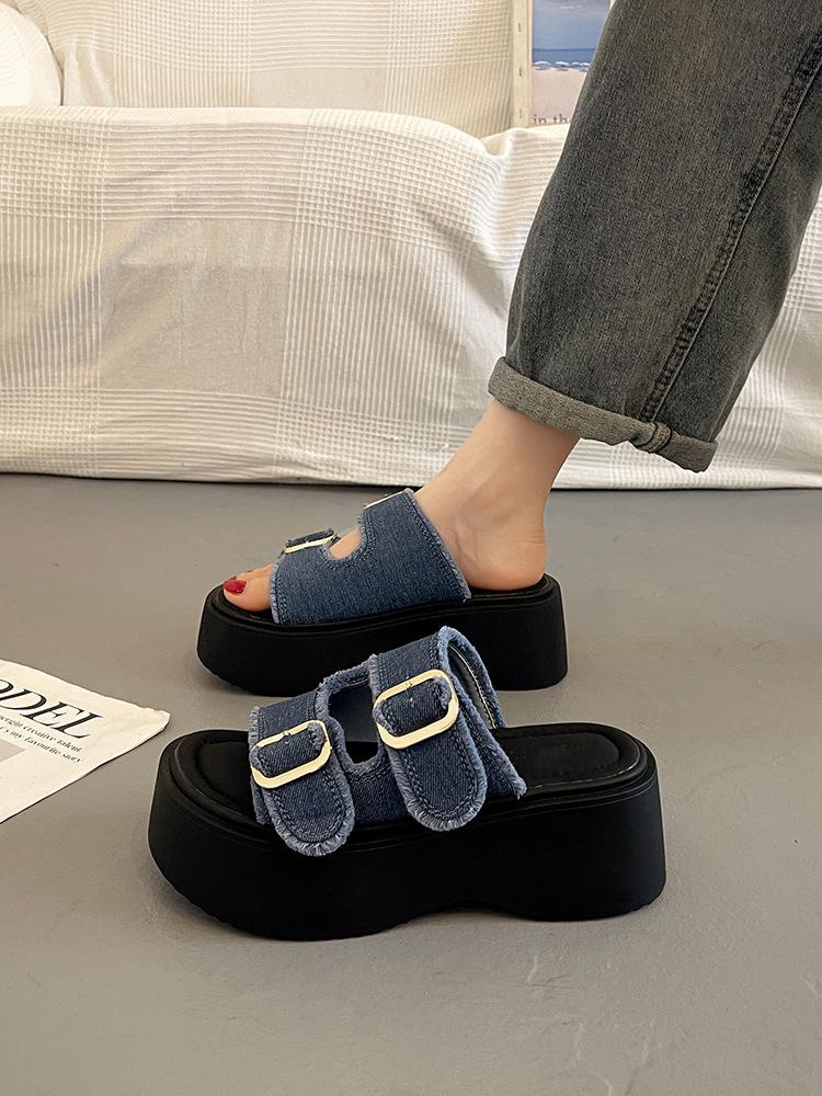 Женская обувь из импортного денима, туфли на платформе из парусины, женщины носят новые универсальные повседневные туфли на высоком каблуке с открытым носком весной и летом