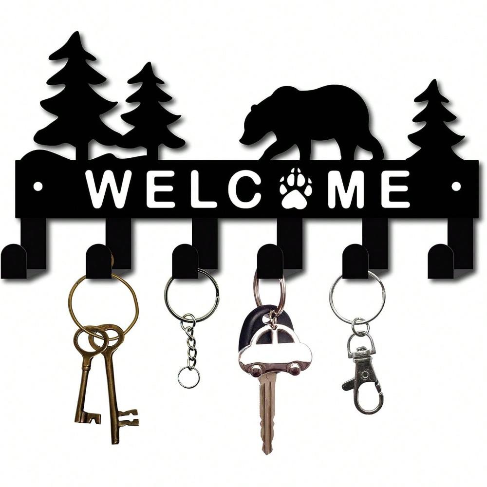 Metal Key Rack Wall Mounted Black Storage Box 6 Hooks Bear Pine Tree Design Home Decoration Gift
