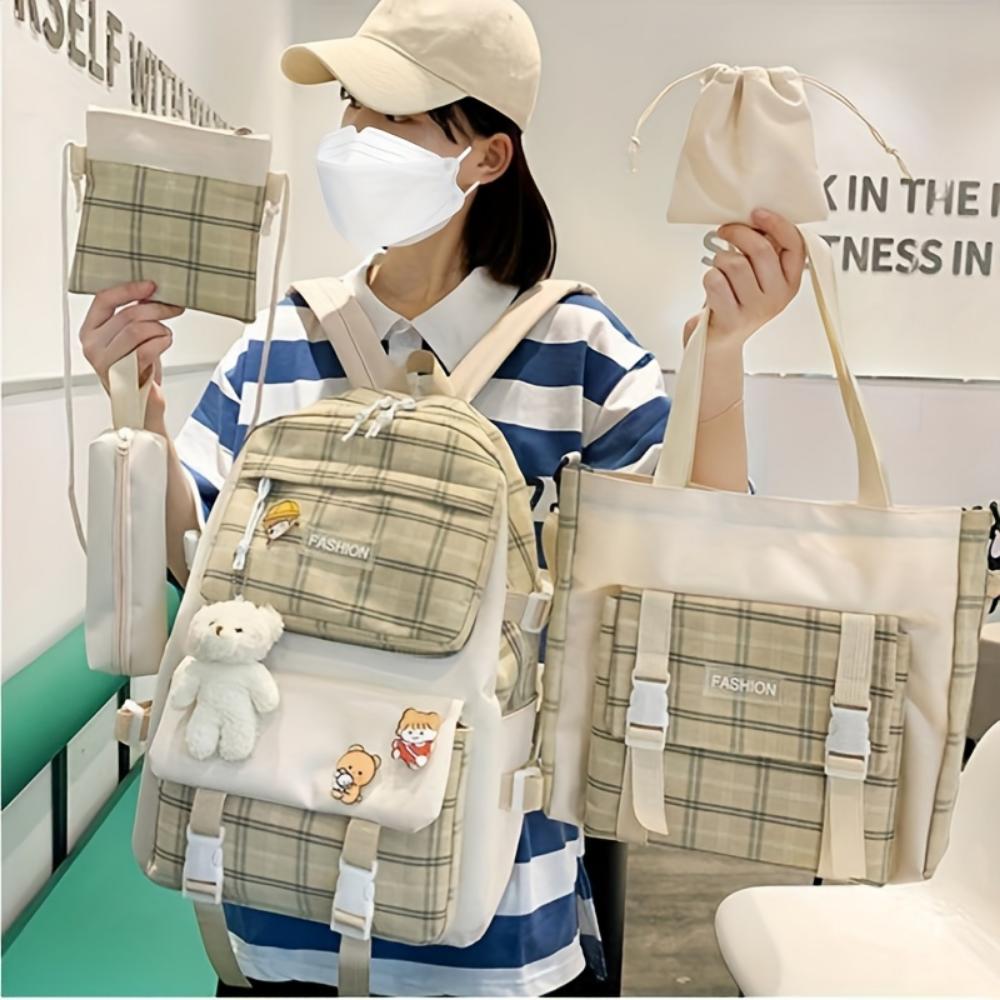 5 шт. мультяшный холщовый школьный рюкзак из пяти частей, повседневный простой рюкзак большой вместимости, дорожная сумка, для женщин, кошелек, сумка-мессенджер, сумочка (без кулона-мишки)