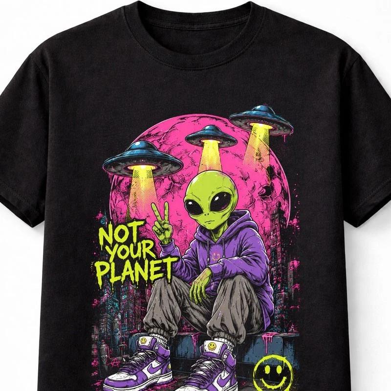 Not Your Planet Alien UFO Retro Sci Fi Neon Graphic Unisex TShirt