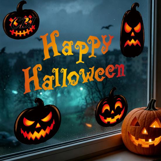 Halloween Window Clings Static Cling Decals, Spooky Pumpkin Bat Stickers, Self Reusable Party Wall Decals Adhesive Removable Glass Decor for Home Shop