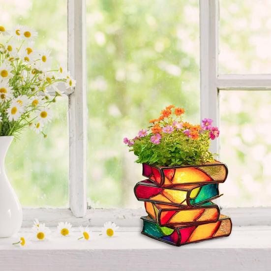 Yousheng Стопка Томов Цветочный Горшок из Смолы Декоративный Кашпо для Суккулентов Настольный Цветной Горшок для Растений в Виде Книг для Любителей Книг Подарок Домашний Офисный Декор