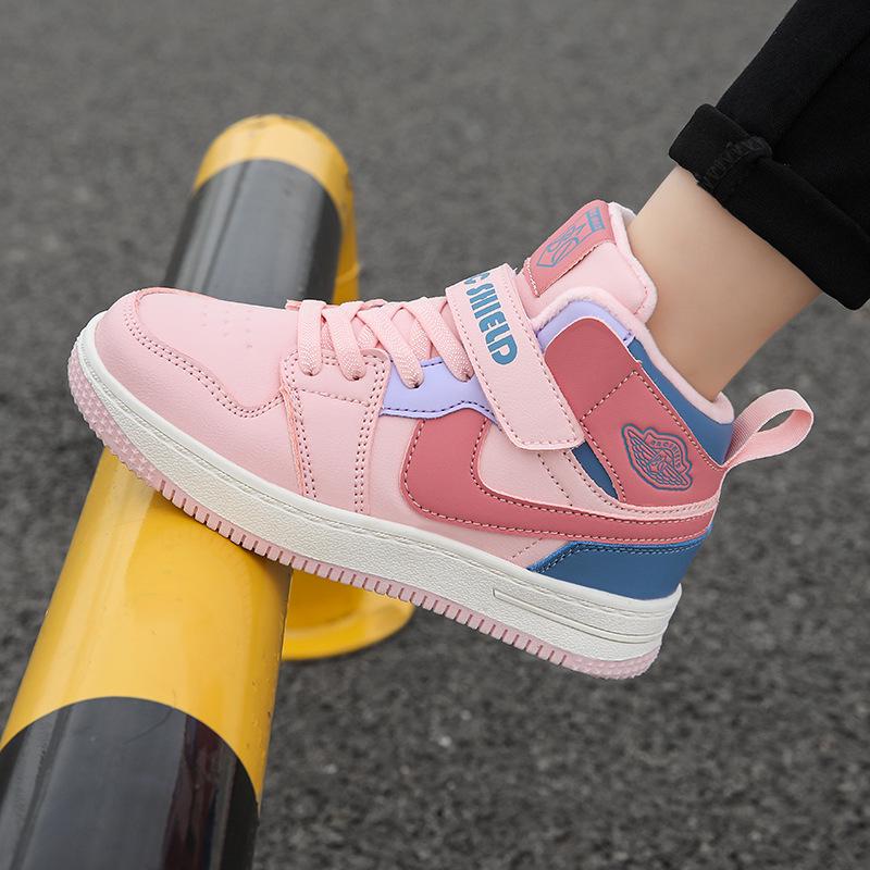 Зимние высокие спортивные кроссовки для девочек 2025, с бархатной подкладкой для тепла, двухслойный хлопок, для детей среднего и старшего возраста.