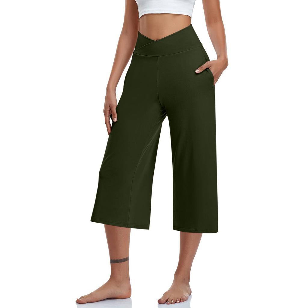Women  Elastic High Waist 3/4 Pant Casual Active  Fit Wide Capris Leg Pants Trousers With Pockets