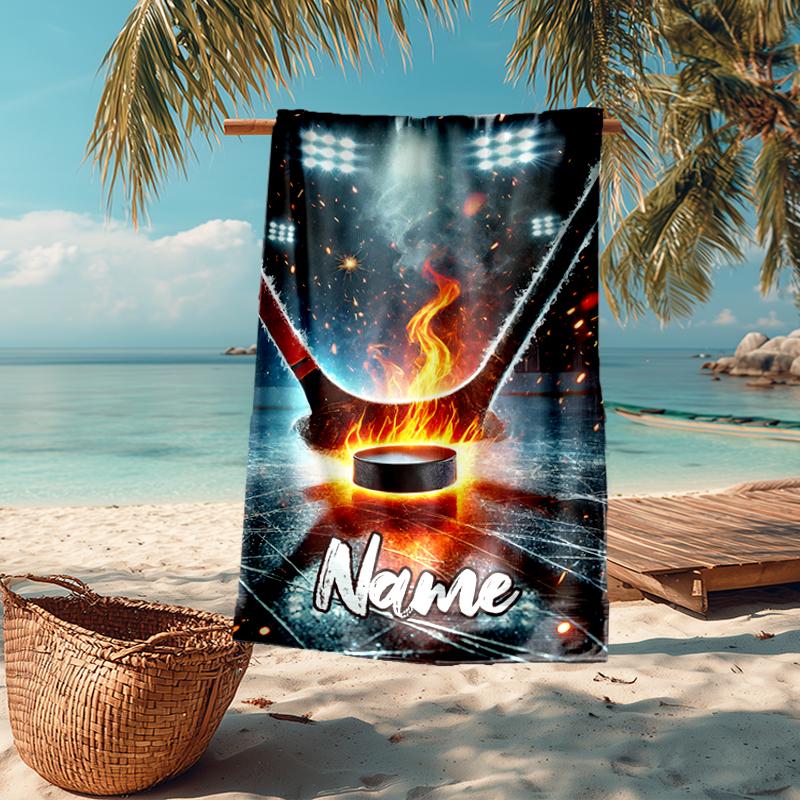 Custom Name Ultra-Soft Beach Towel with ice hockey Theme,Ideal for Pool - Camping, Diving - Perfect Travel Essential, Vibrant Beach Towel.