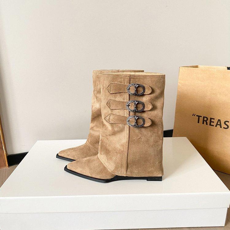 Height-increasing wasteland wind pointed knight trouser tube boots women's belt buckle white new medium tube stacking medium tube boots