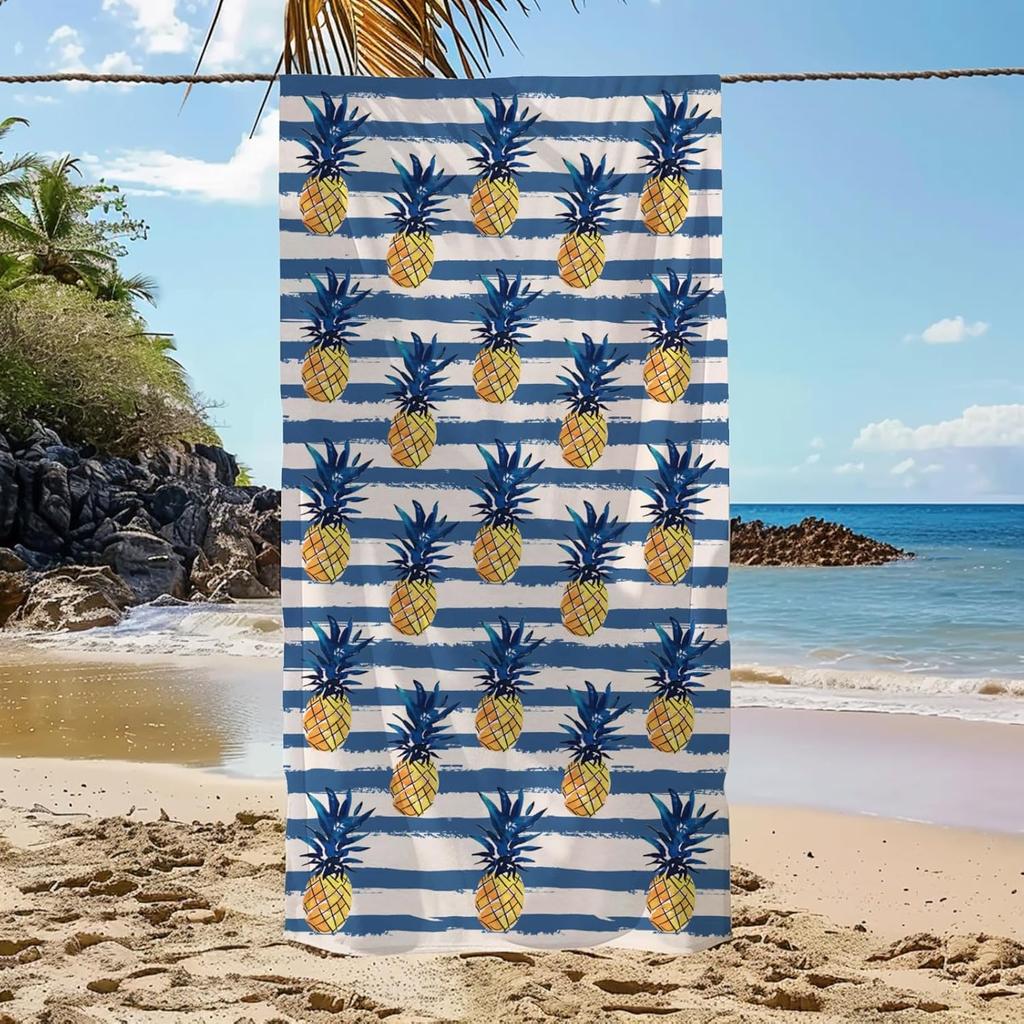 Summer Pineapple Stripes Fruit Lightweight Quick Dry Microfiber Towel Blanket for Beach Pool Gym Swimming Bath, Travel Vacation