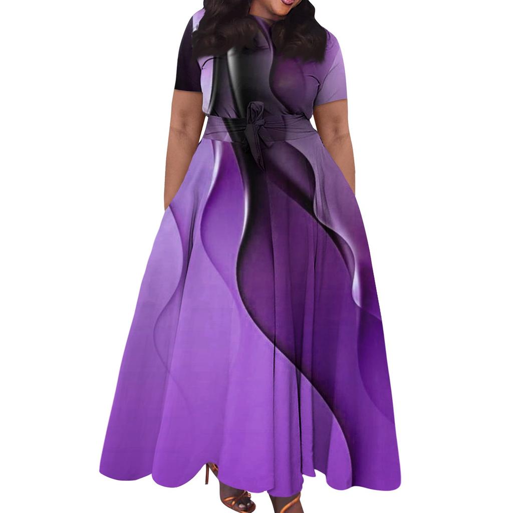 Women's Casual Fashion Large Size Print Round Neck Short Sleeve Pocket Straps Swing Dress