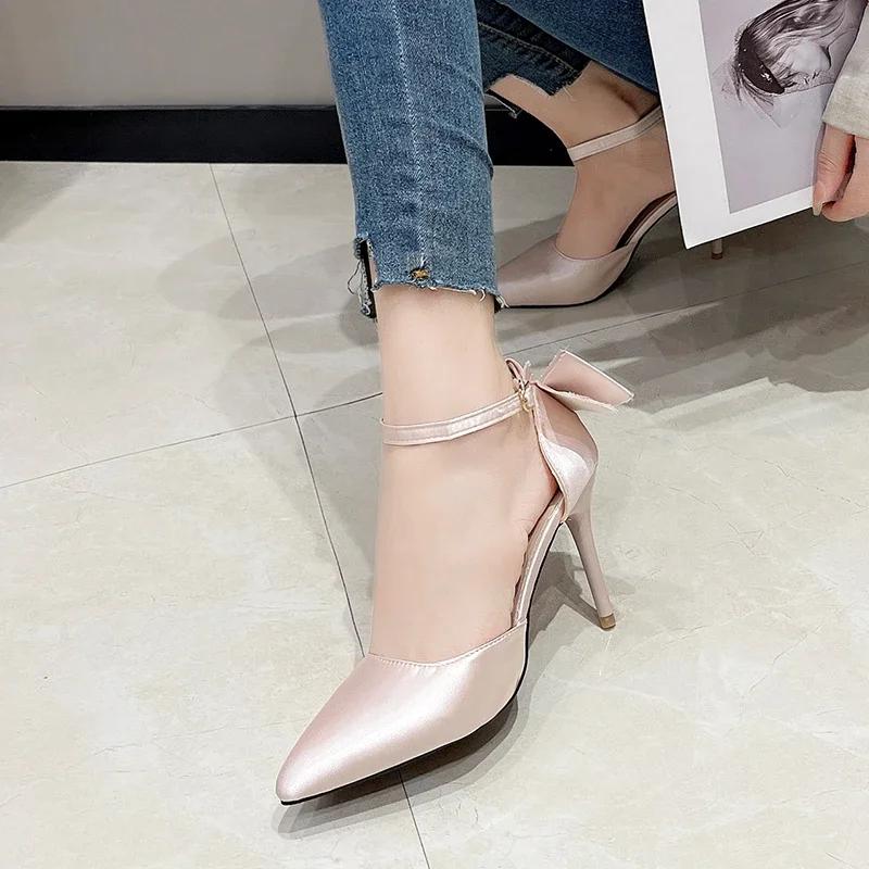 Women Sweet Pointed Toe Shallow Mouth Pumps New Red Wedding Shoes Kitten High Heels Fashion Bow Tie One-line Belt Shoes