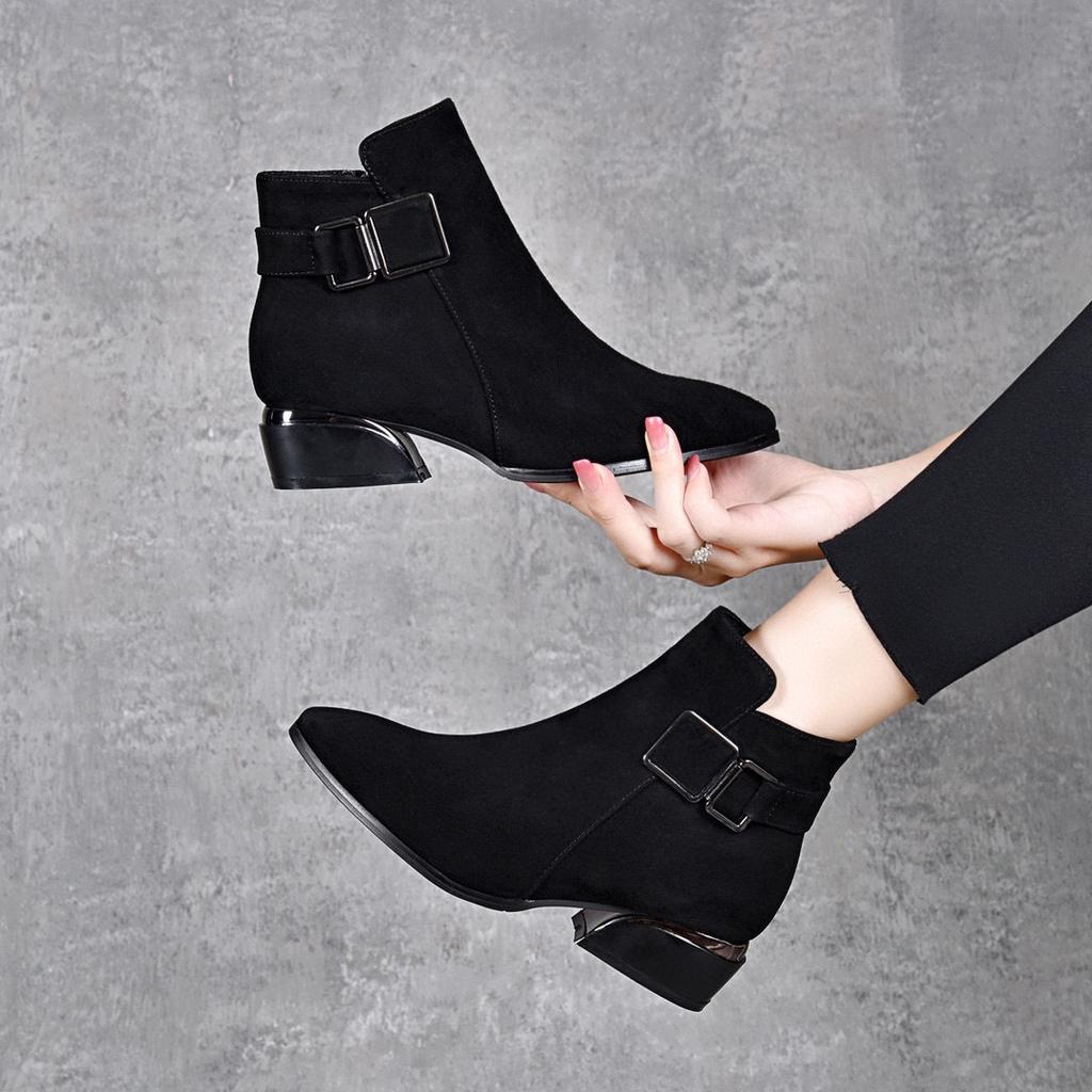 Fashion Boots Women's Boots 2025 Autumn and Winter New European and American Style Pointed Square Buckle Thick Heel Leather Boots Three Height Ankl