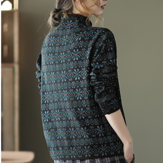Женский винтажный свободный повседневный свитер с цветочным принтом, водолазка с длинными рукавами, зимний пуловер в китайском стиле