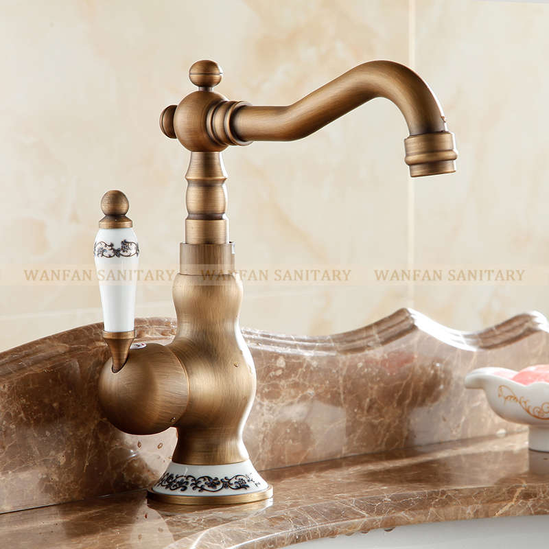 Basin Faucets Antique Brass Deck Mounted Bathroom Sink Faucet Single Handle Swivel Spout Hot Cold Water Mixer Water Tap AL-9212F
