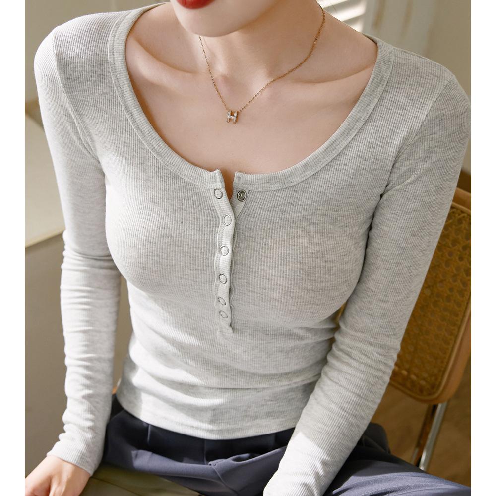 Button Base Shirt for Women In Autumn and Winter New T-shirt for Slim Outside and Long-sleeved T-shirt Round Neck Slim Body