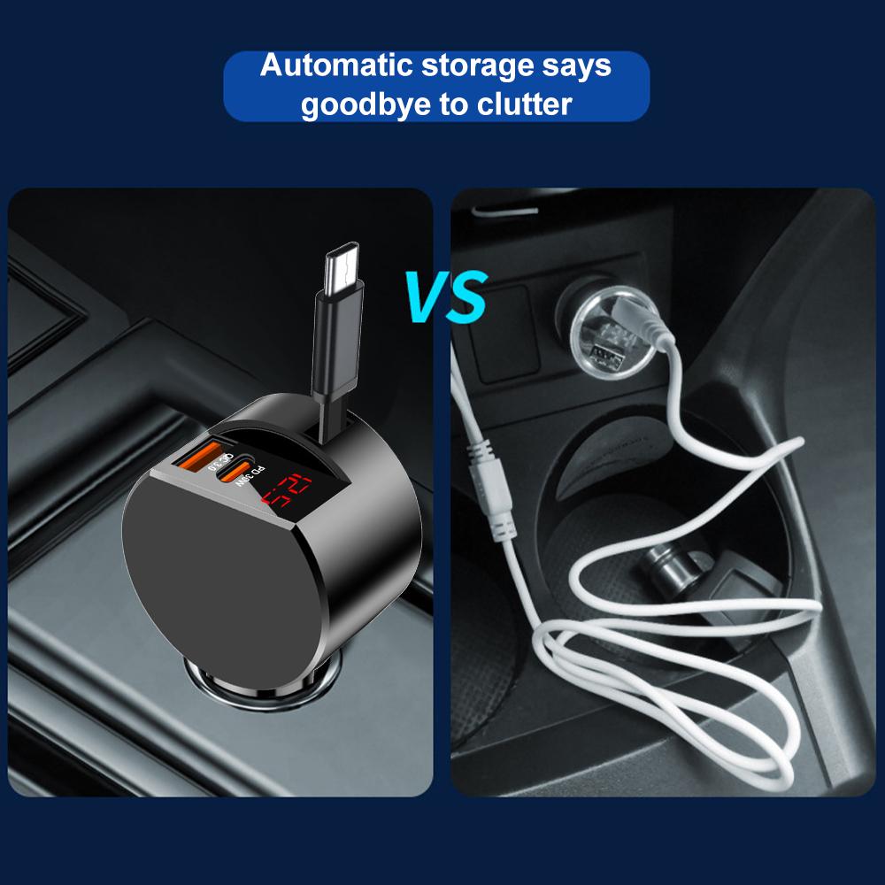 Автомобильное зарядное устройство Super Fast Charge Flash Charging с телескопическим кабелем, детектором напряжения, 3 в 1, с портами USB Type C, адаптер