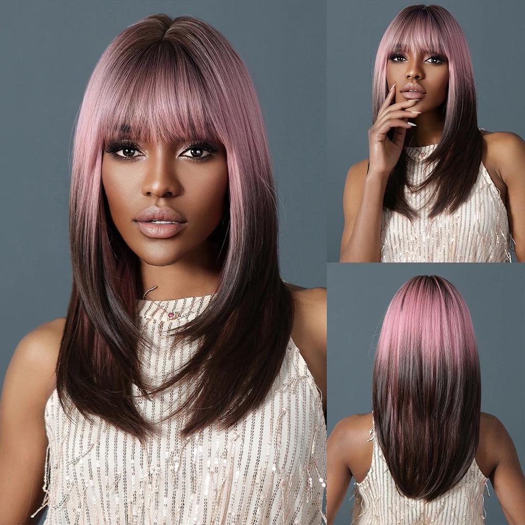 Purple Pink Ombre Black Short Straight Synthetic Wigs with Bangs Bob Wig for Women Daily Cosplay Party Heat Resistant Fake Hairs