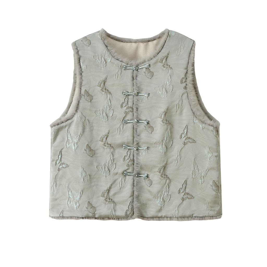 New Chinese plush trimmed cotton vest winter new butterfly jacquard dark pattern warm top 433876