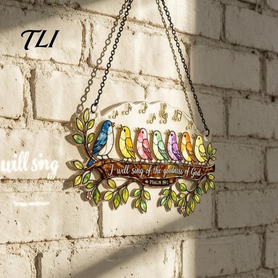 Acrylic Window Hanging Ornament Birds on Branch Suncatcher, Stained Glass Ornament, Colorful Bird Decor for Home Double Side Sun Catcher Panel Garden