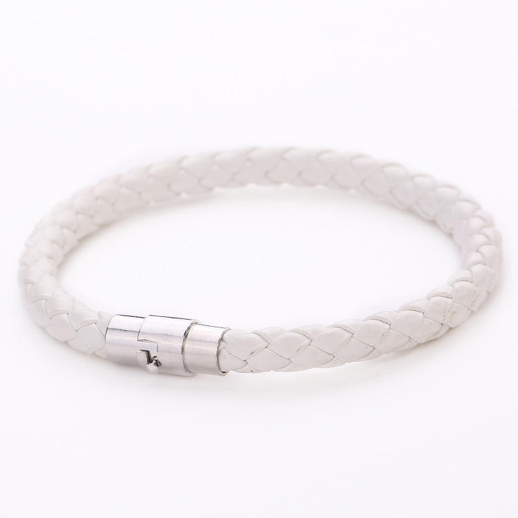 Unisex Women Men Genuine Braided Leather Steel Magnetic Clasp Bracelet Bangle