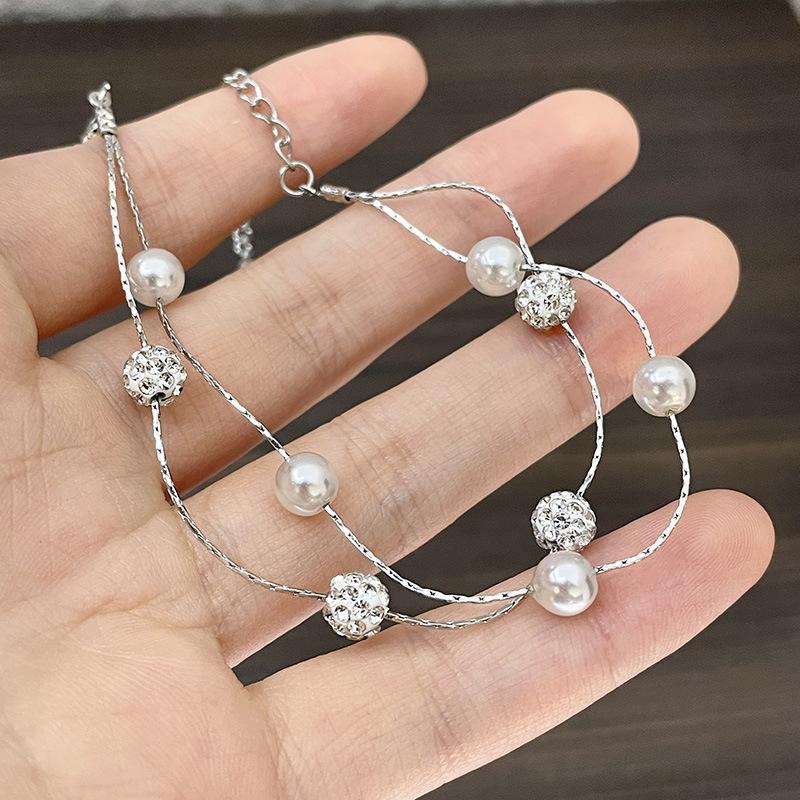 Vintage 925 Sterling Silver Double Layer Pearl Bracelets For Women Luxury Sparkling Zircon Ball Bead Bracelet Original Jewelry
