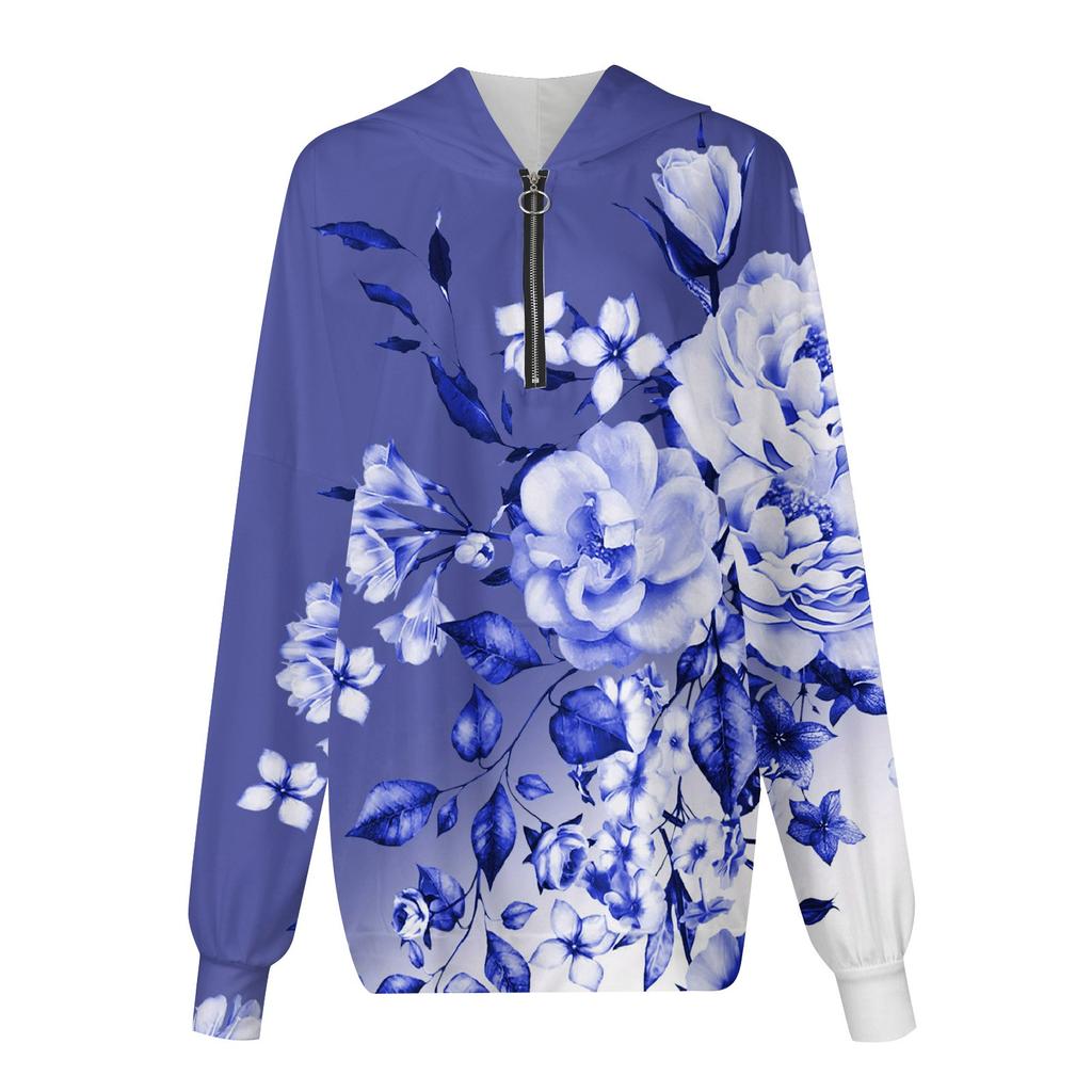 Женская мода с длинным рукавом и принтом, свободная толстовка с капюшоном на молнии и карманами