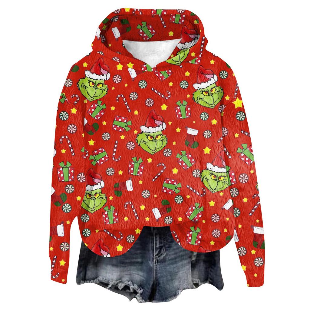 Women's Hooded Long Sleeve Christmas Printed Flannel Top Hooded Sweatshirt