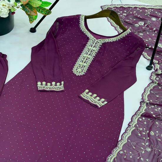 Royal Deep Purple Embroidered Kurti with Palazzo & Dupatta Set
