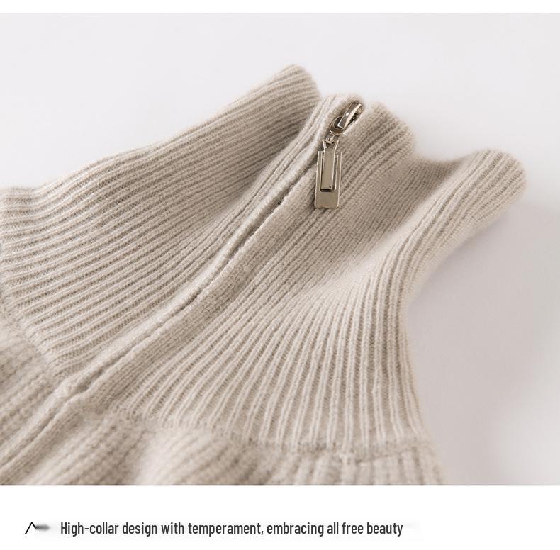 Women's Retro Cashmere Stand Collar Cardigan - Double Zipper, Long Sleeve, Age-Reducing Base Layer Top
