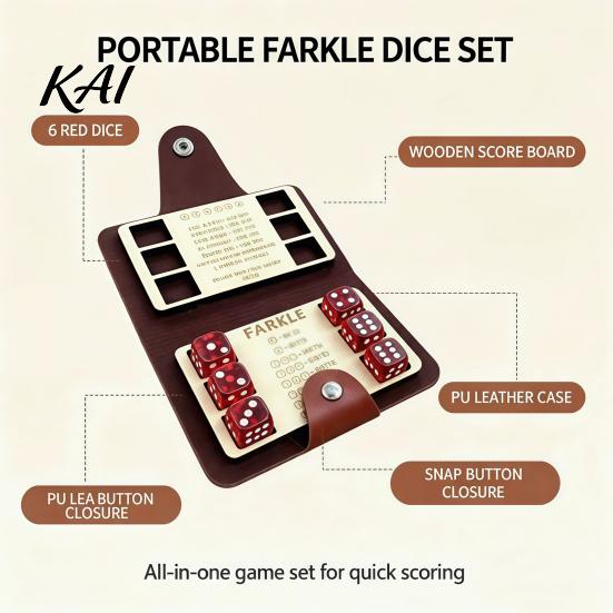 Compact Tabletop Games Farkle Dice Board Game, with Faux Leather Case, 6 Dices, Wooden Game Set Scoreboard, Portable for Travel Family Party Night