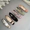 Fashion SUOJIALUN Women Flat Shoes Fashion Round Toe Shallow Slip On Ladies Soft Ladies Mary Jane Ballerinas Flat Heel Casual Ballet Sho