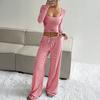 Women's Striped 2 Piece Outfits Long Sleeve Square Neck Cropped Top Drawstring Wide Leg Pants Set Casual Lounge Sweatsuits