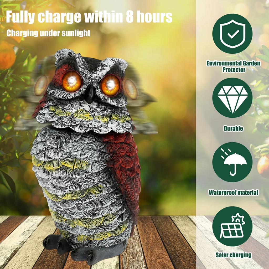 1/2Pcs Solar Owl Decoy Resin Pigeon Deterrent Owl Statue with Flashing Eyes and Rotating Head Garden Bird Scarer for Yard Lawn