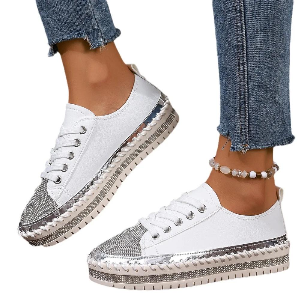 Fashion Women Soft Bottom 2025 Fashion Casual Flat Anti Slip PU Leather Shoes Woman Thick Sole Lace Up Casual Shoes Plus Size 44