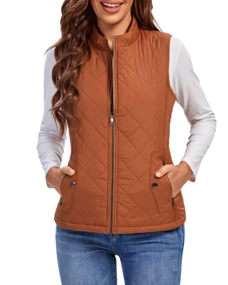 2022 Women's Fashion Quilted Cotton Vest with Zipper Pockets and Stand-Up Collar